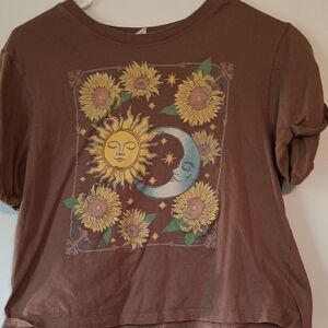Vibe Brown and Yellow Graphic Crop T-Shirt